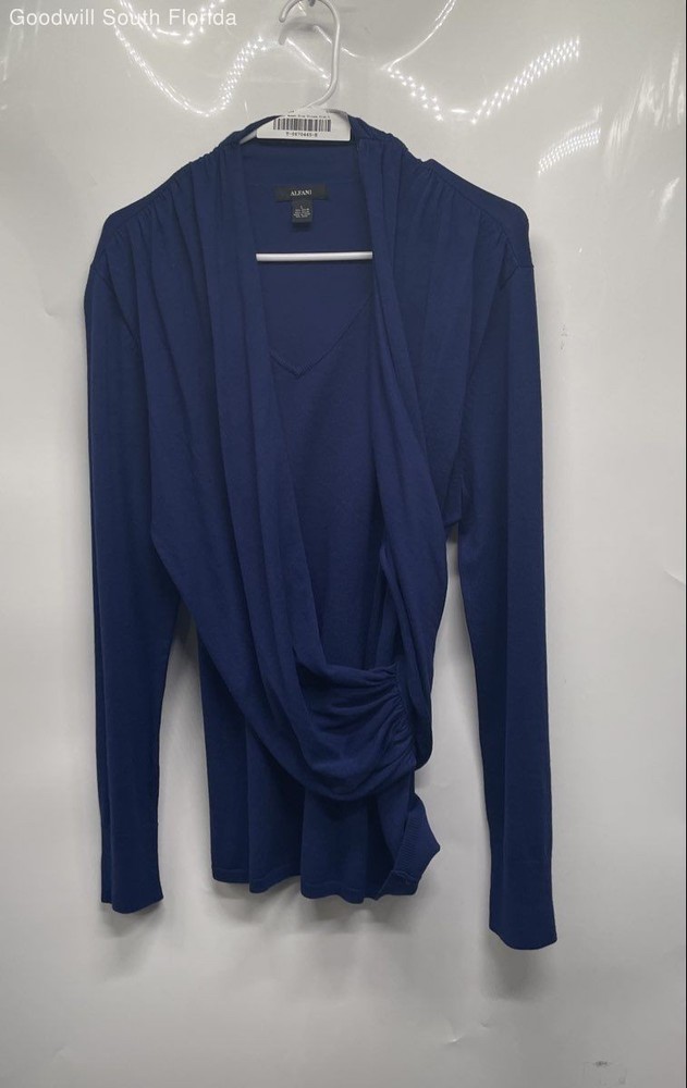 Alfani Womens Blue V-Neck Draped Long Sleeve Pullover Blouse Top Size Large