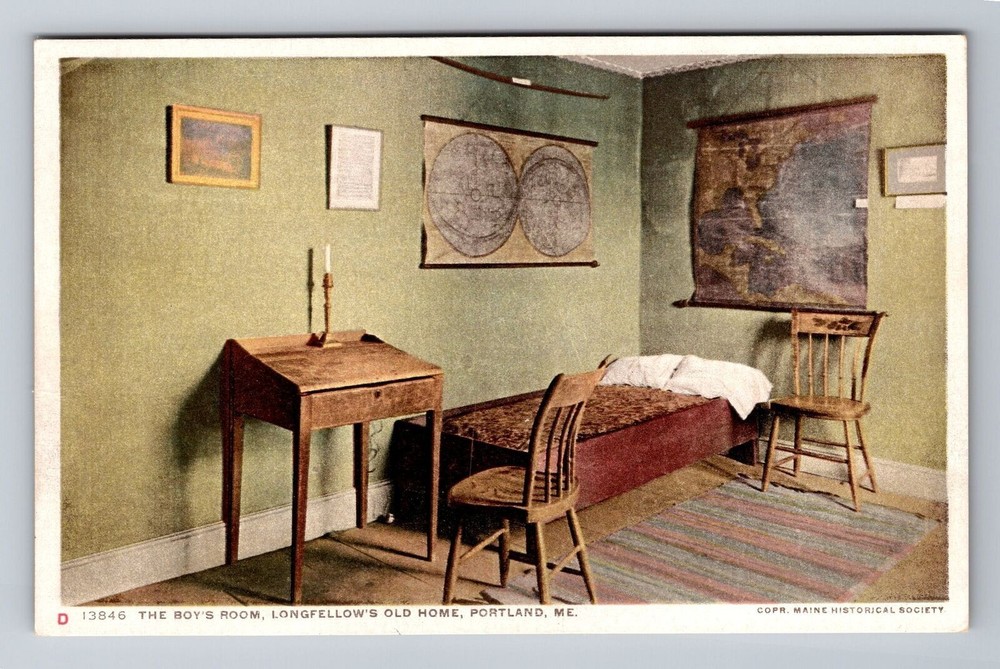Portland ME-Maine, Longfellow's Old Home Boy's Room, Vintage Postcard