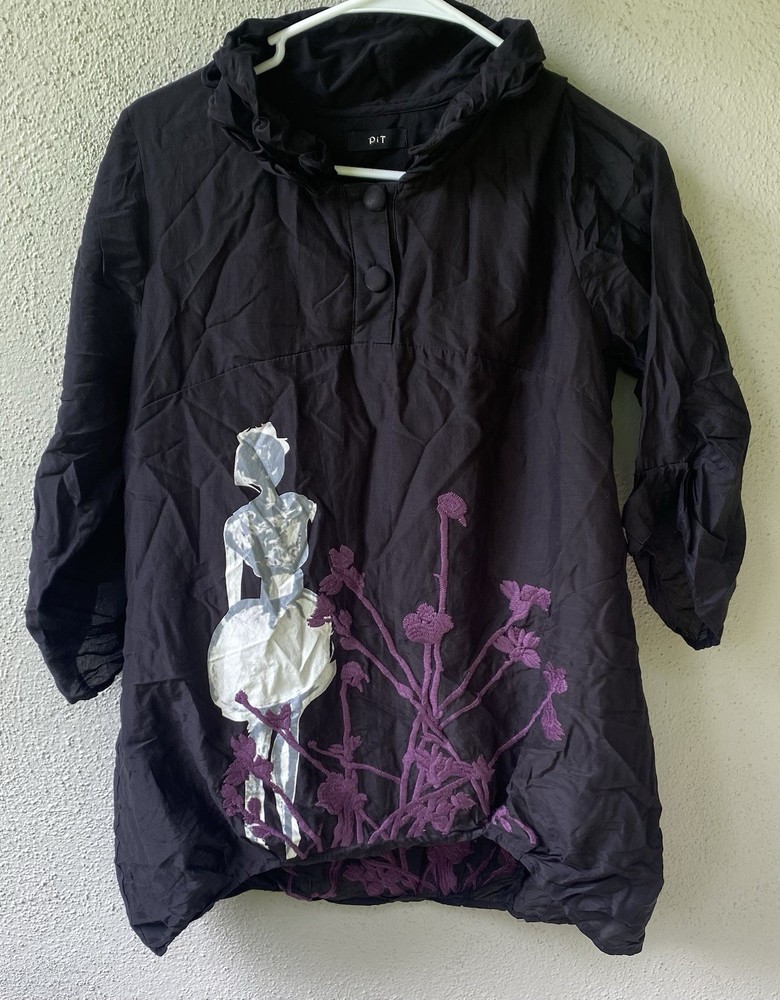 PIT Black Purple White Embroidered Floral Button 3/4 Sleeve Top Women's Regular