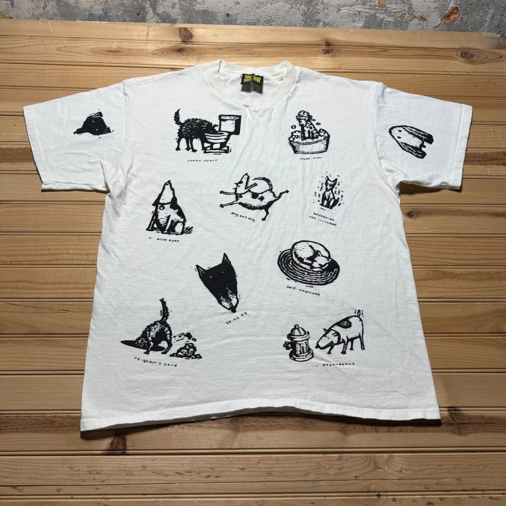 Vintage 90s Funny Dogs All Over Print Humor Cartoon Illustration T-Shirt USA XL