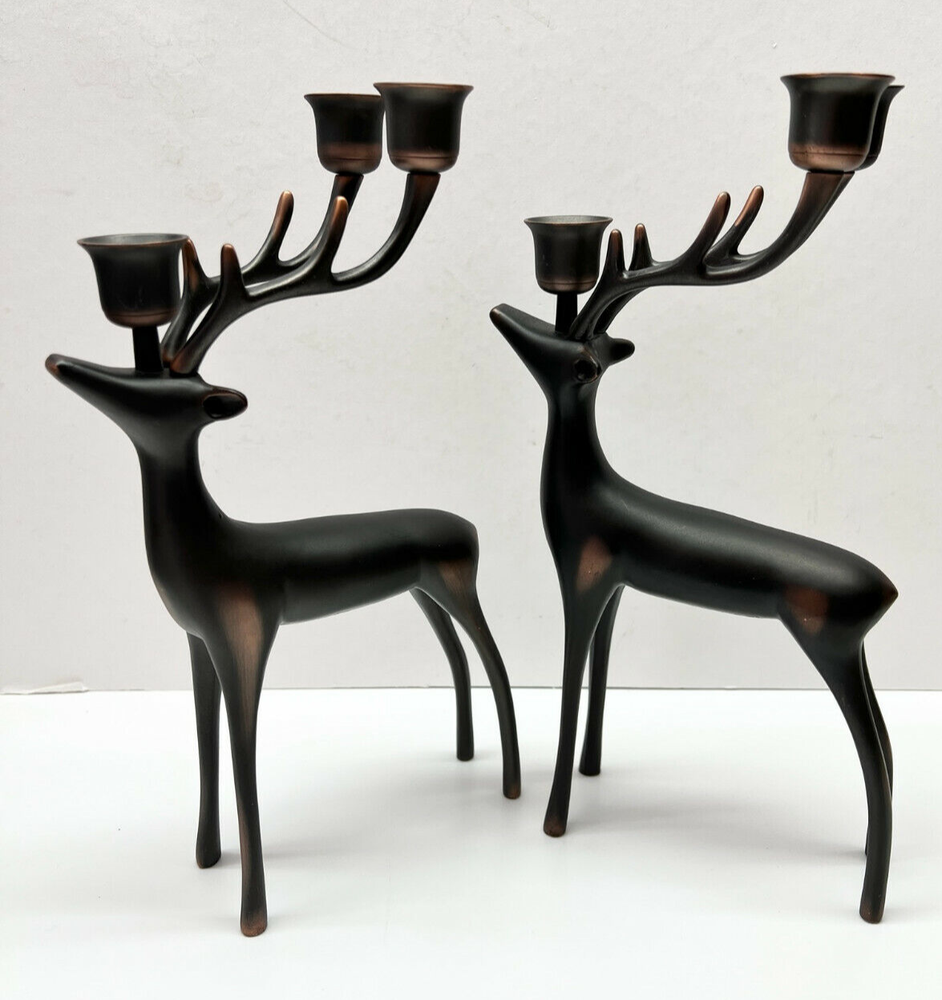Art Deco Heavy Iron Bronze Look 10.5 Inch Christmas Candle Holders Pair for Mantel