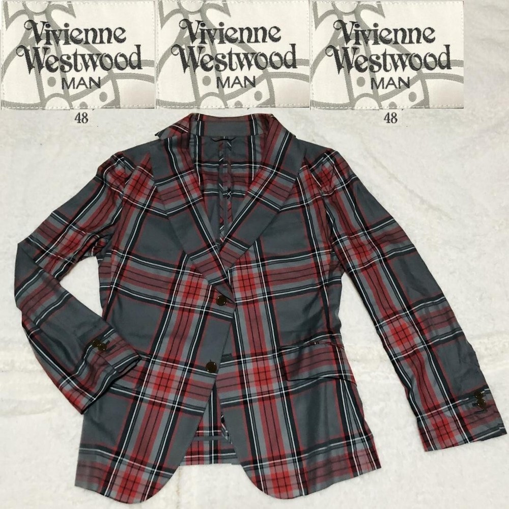 VIVIENNE WESTWOOD Check Pattern Tailored Jacket Men's Gray/Red  L Cotton Single