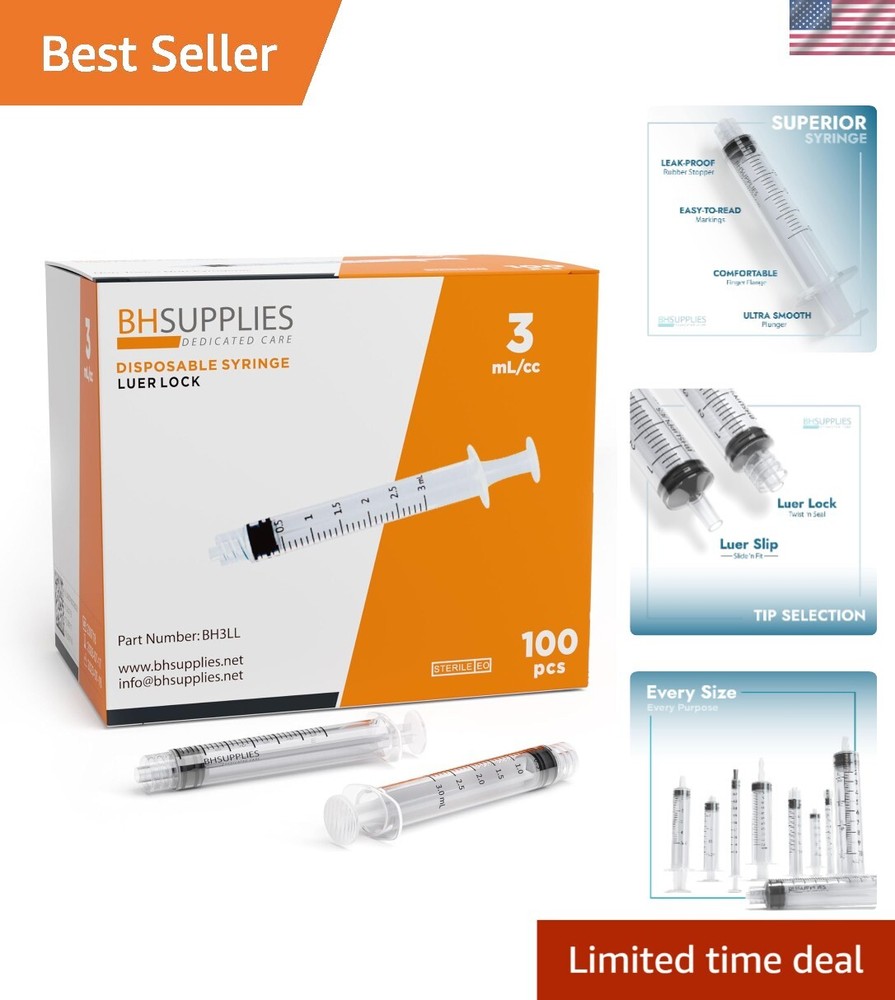100 Sterile 3ml Luer Lock Syringes No Needle - Individually Wrapped for Safety