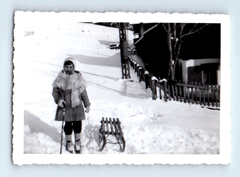 Old Vintage Photo SNOW WINTER SCENE CUTE GIRL WALKING CANE SNOW SLED SLEDDING