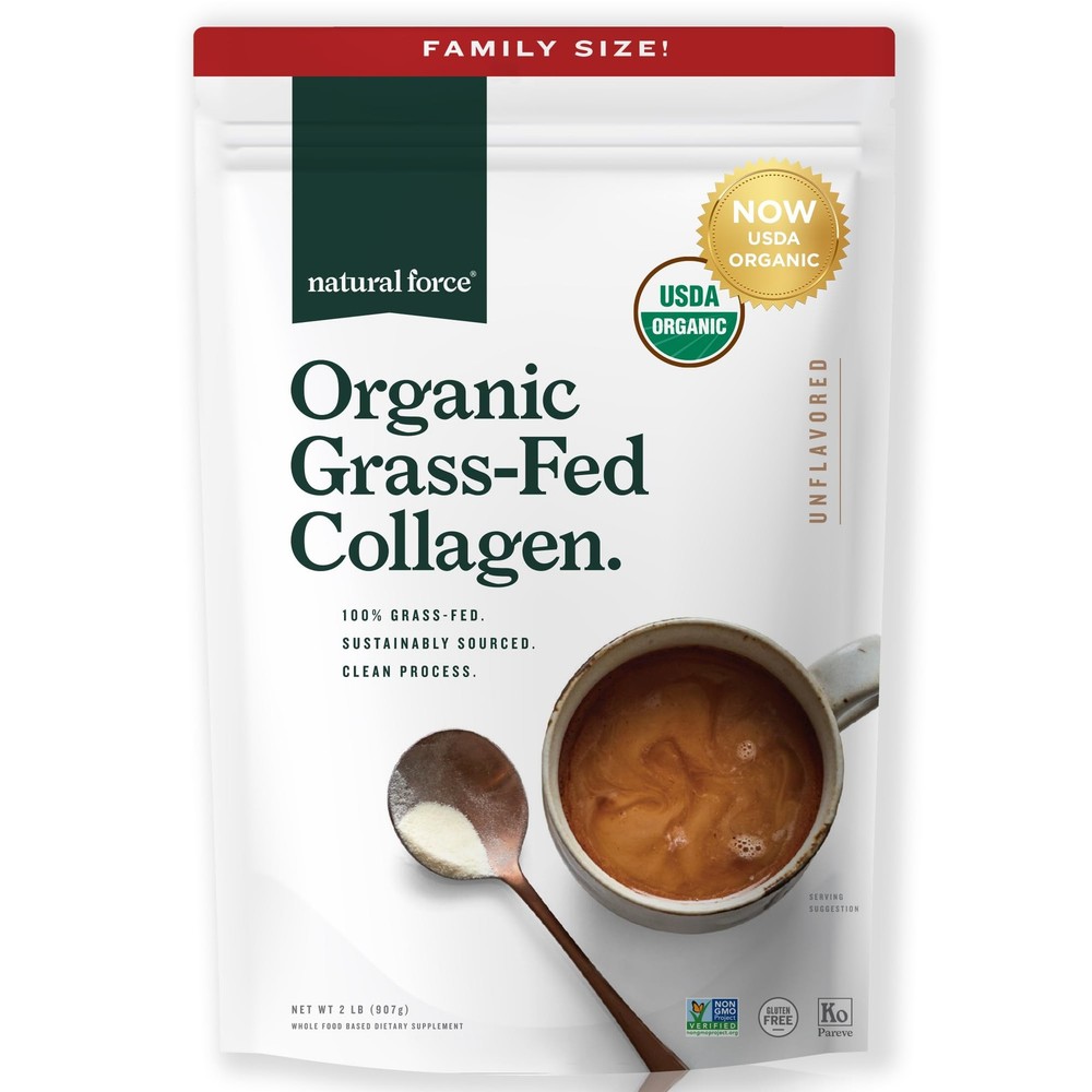 Natural Force Hydrolyzed Collagen Peptides Powder Type I & III - 32oz Unflavored Grass Fed Protein Boost