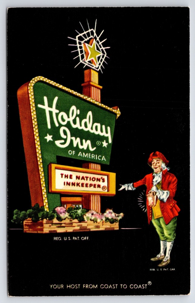 Roadside~Man At Nations Innkeeper Sign Holiday Inn Newark OH~Vintage Postcard