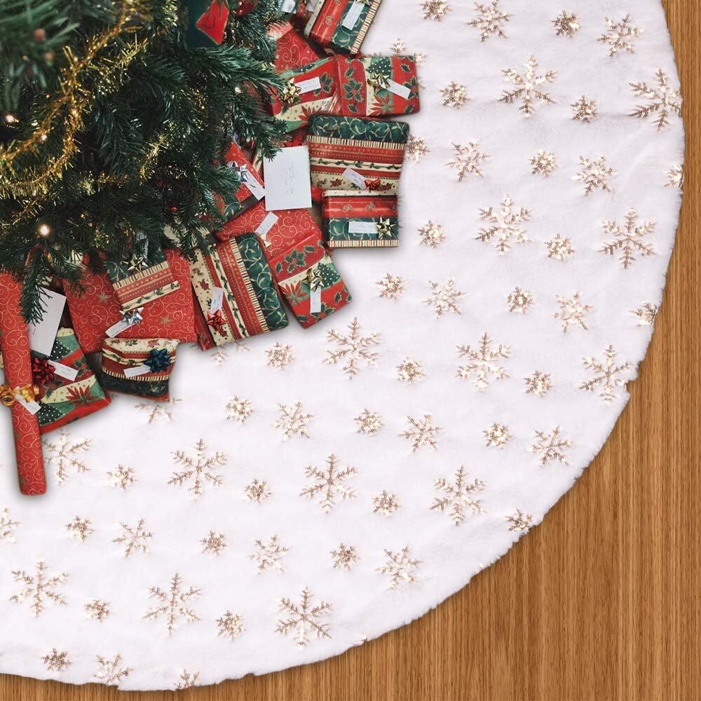 MACTING Luxury Faux Fur Christmas Tree Skirt with Sequin Gold Snowflakes 30 I...