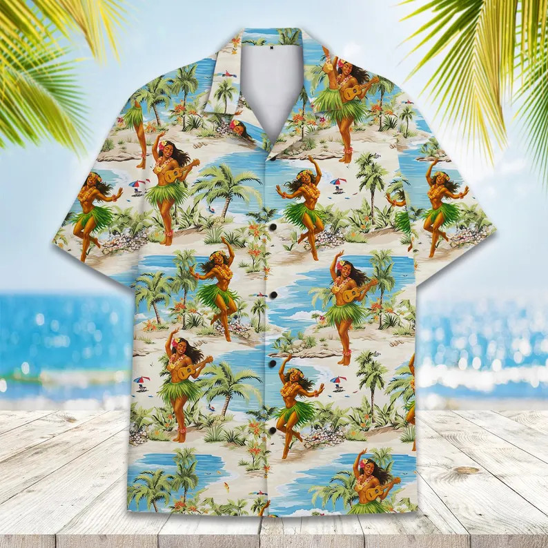 Vintage Hula Girl Hawaii Shirt Men Aloha Beach Summer Tropical Vacation