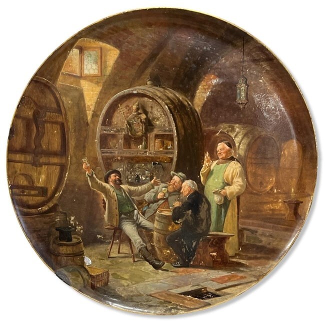 Antique Royal Vienna Hand Painted Porcelain Plaque, Men Drinking Wine- Grutzner