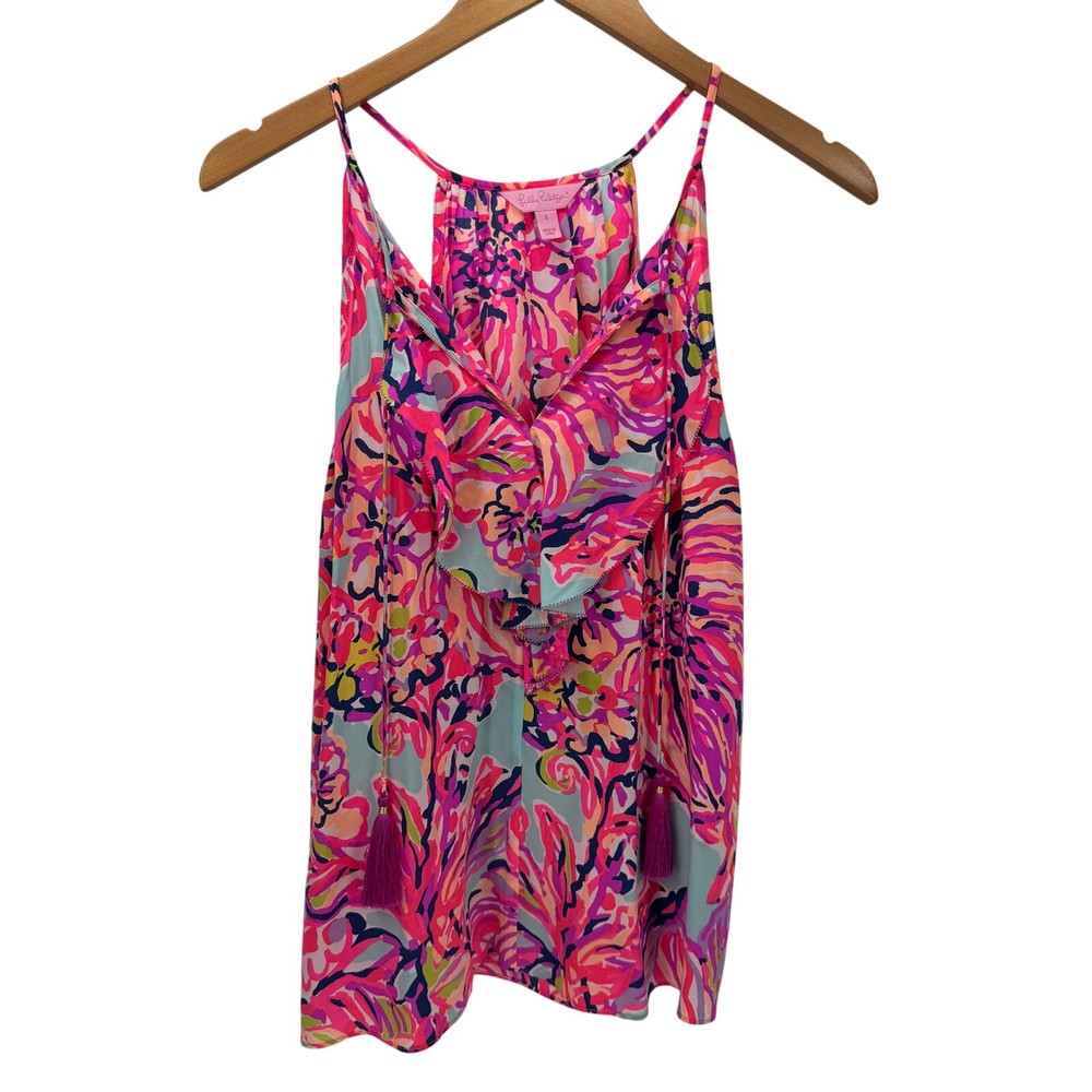 Lilly Pulitzer Blouse Womens Small Silk Lachelle Serene Blue Big Escapade Tank