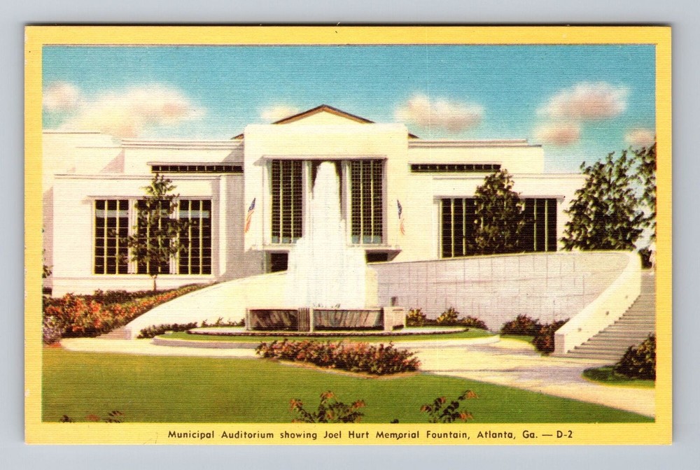 Atlanta GA-Georgia Municipal Auditorium and Joel Hurt Fountain Vintage Postcard