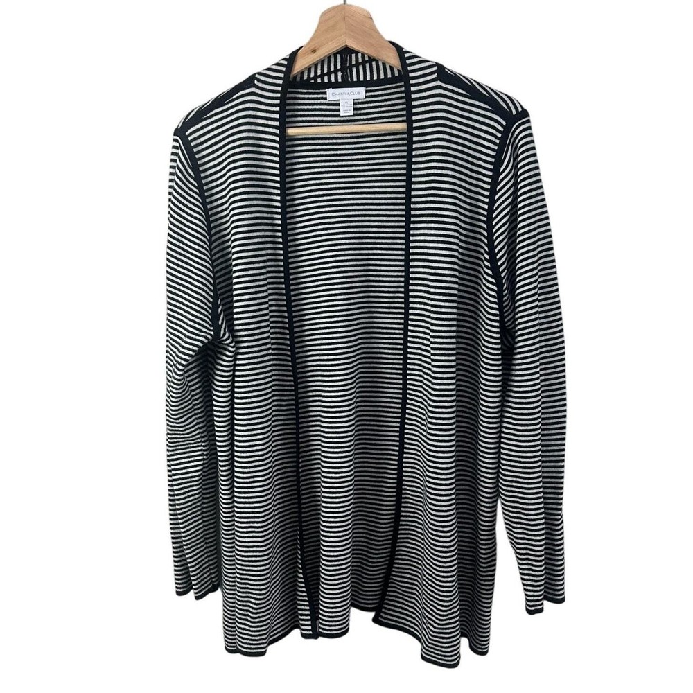 Charter Club Black White Stripe Longline Open Cardigan Sweater Duster XL