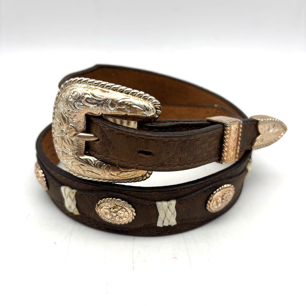Vintage 90s Brown Leather Floral Concho Belt Rose Gold 28 USA Made