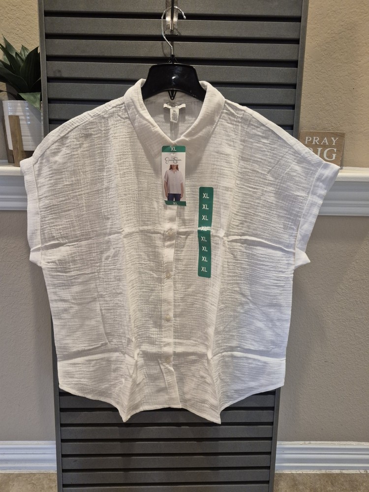 Jessica Simpson Women's Button Short Sleeves Cotton Shirt Top XLarge Size White