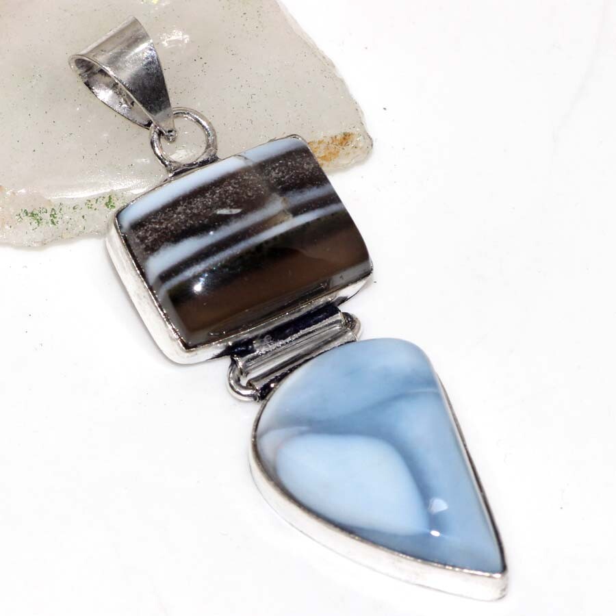 Owhyee Blue Opal 925 Silver Plated Long Gemstone Pendant 2.4