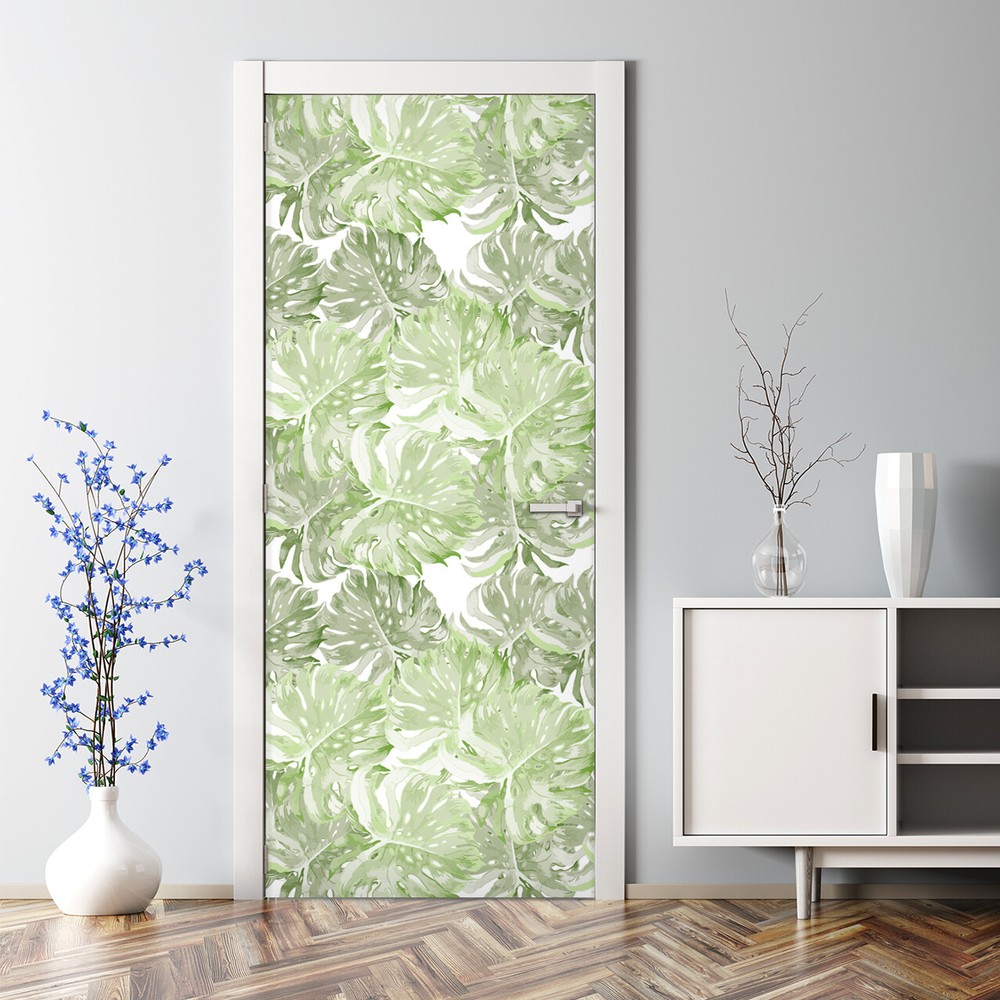 Monstera Leaf Floral Pattern Bubble Free Door sticker Green Leaf Modern Pattern