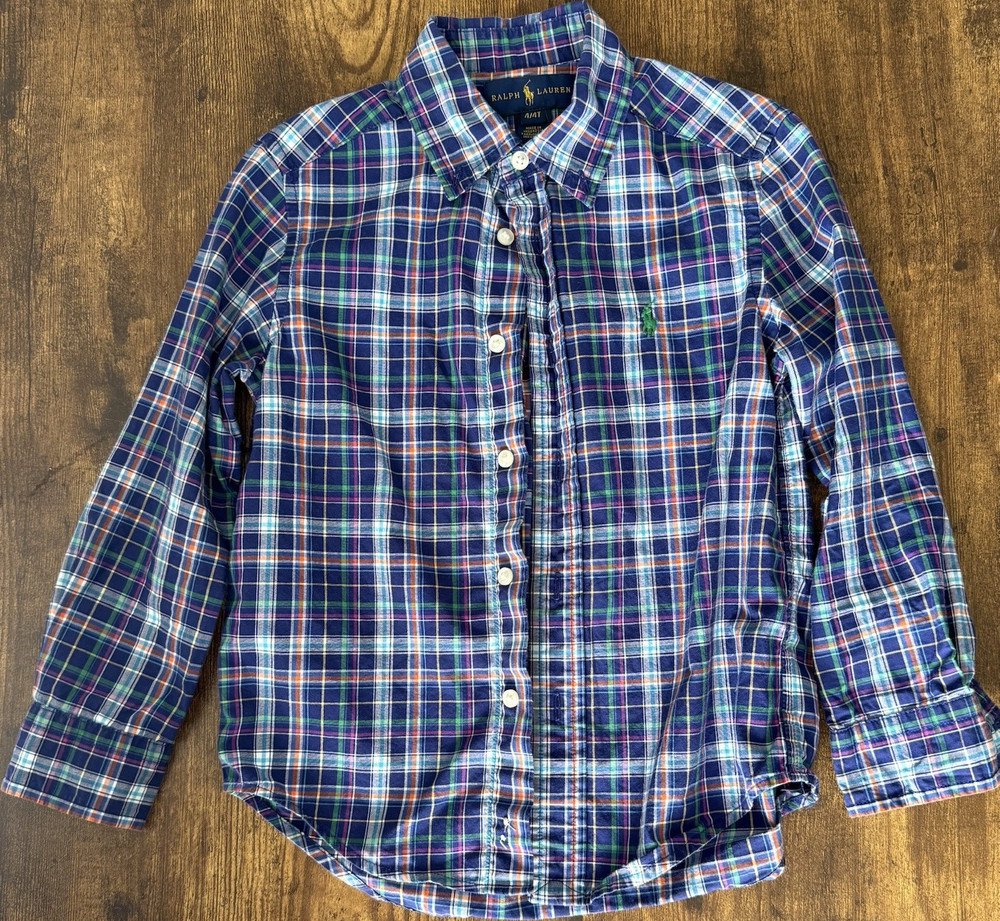 POLO Ralph Lauren Boys Dress Shirt 4/4T Blue Plaid Long Sleeve Button-Up Cotton