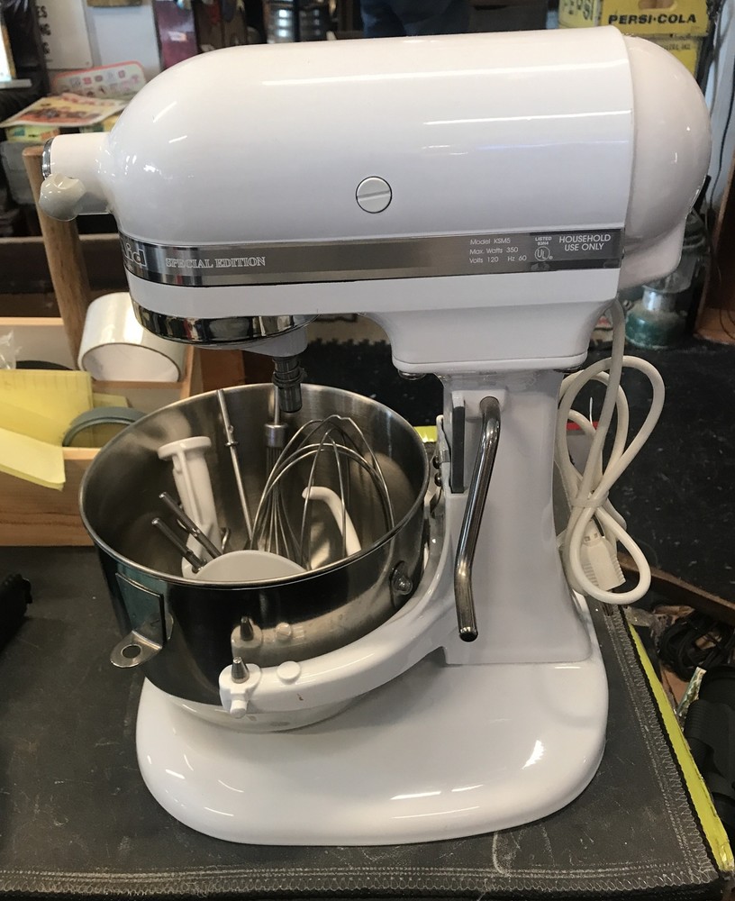 KitchenAid KSM5 White Special Edition Stand Mixer with 9 Attachments Shelf Display