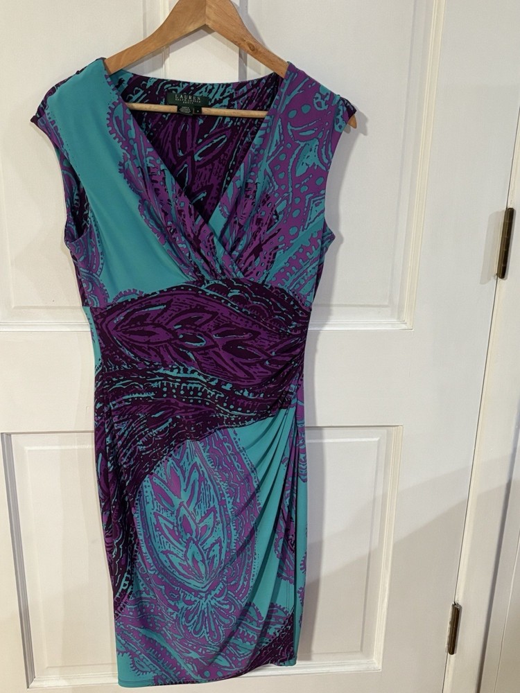 Ralph Lauren Womens Midi Dress Size 6 36”  Turquoise Teal Blue & Purple Print