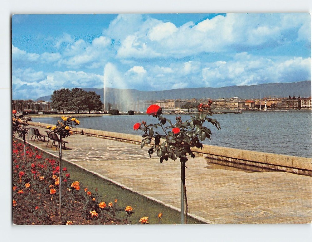 Postcard Quai G. Ador et le jet d'eau, Geneva, Switzerland