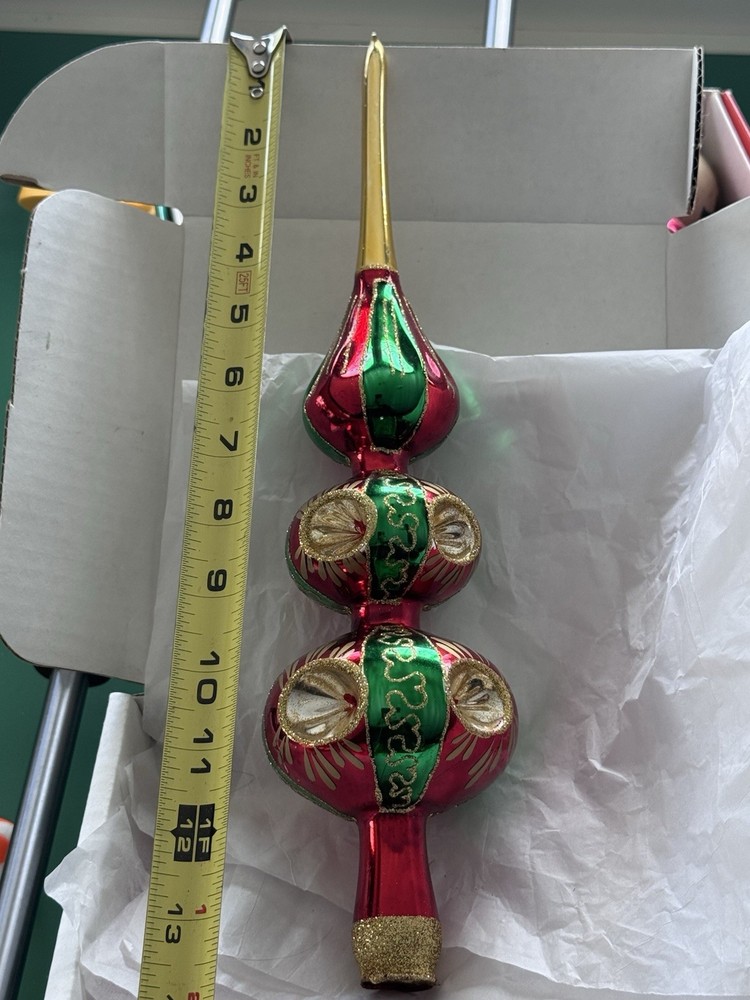 Vintage Indent Red Green & Gold Christmas Tree Topper Glass Finial