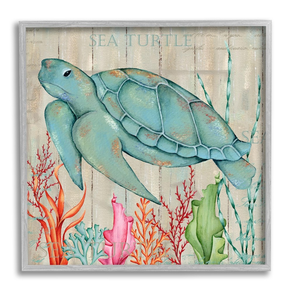 Rustic Sea Turtle Animal Gray Framed Giclee Art Design by Emma Leach