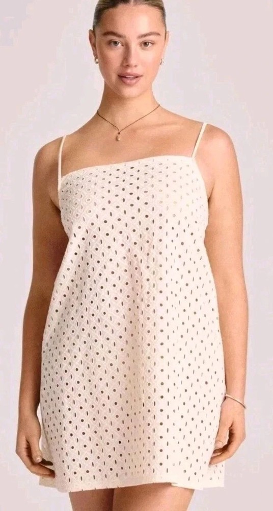 Vitamin A Women's Eyelet Mini Swim Cover Up Dress - White Cotton-Linen Blend, XL