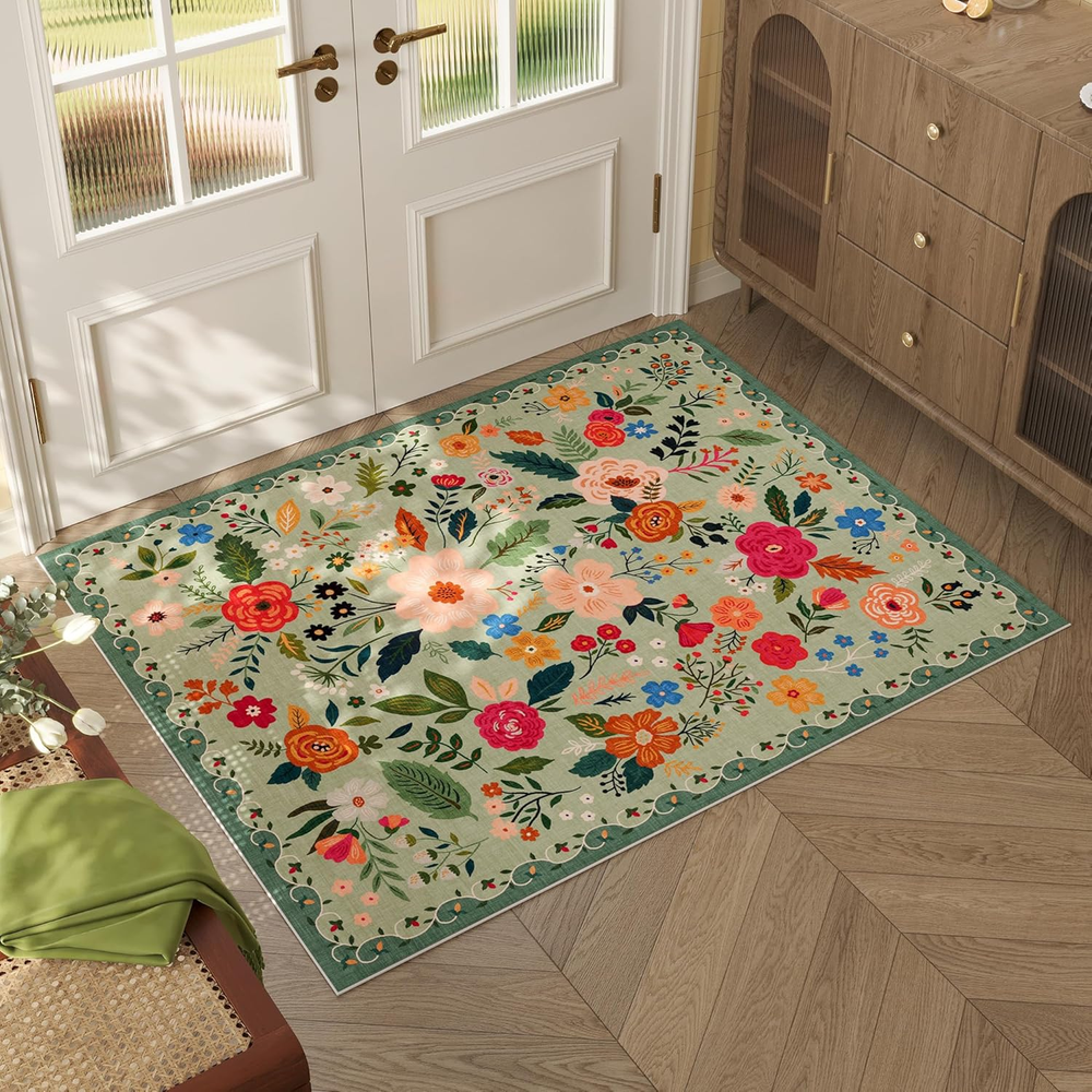 Door Mat Indoor Entrance 2X3 Rug Machine Washable Boho Floral Small Area Rug Non