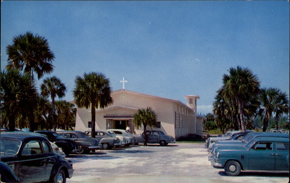St John's Roman Catholic Church ~ St Petersburg Beach FL ~ 1950s cars ~ postcard