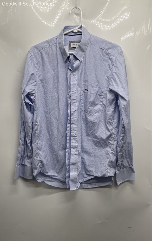 Lacoste Mens Blue White Striped Print Regular Fit Button-Up Shirt Size M