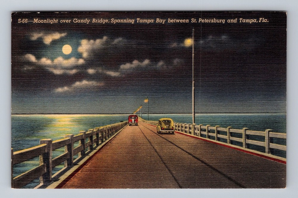 Tampa FL-Florida Moonlight Over Gandy Bridge Tampa Bay Vintage Postcard