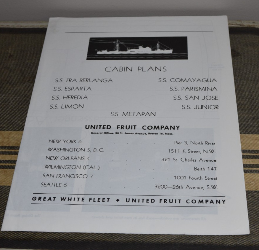 UNITED FRUIT COMPANY Great White Fleet S.S Metapan CABIN PLANS Foldout Brochure