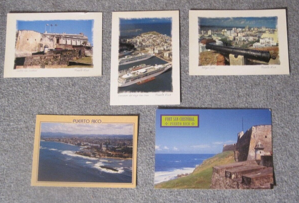 Mixed Lot Postcards Puerto Rico (5) 1990's Castillo, San Juan, Canon, Beach
