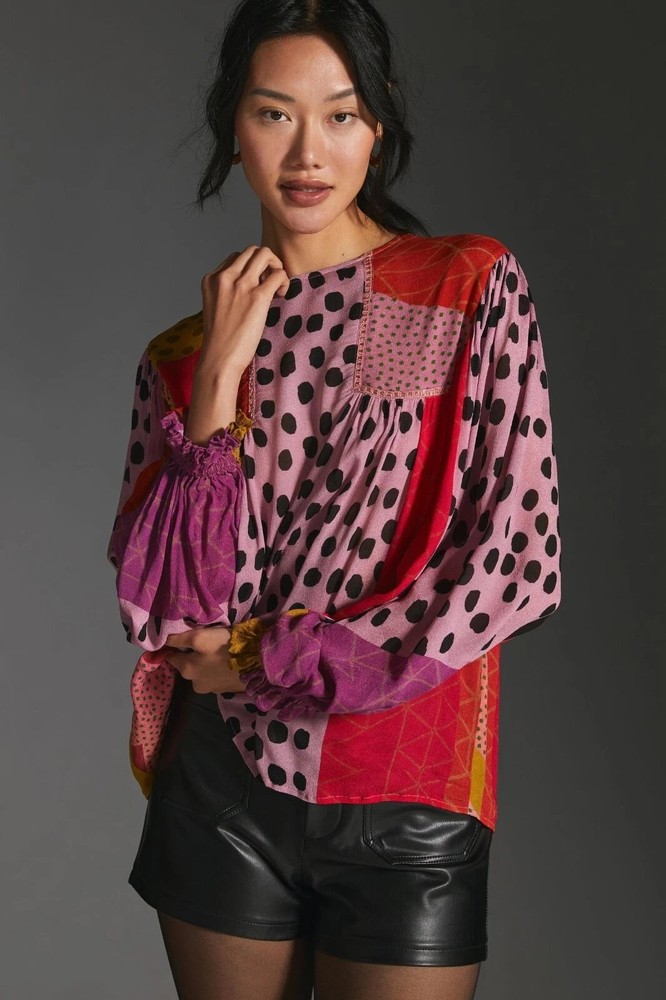 Anthropologie Bl^nk London Miranda Peasant Blouse Petite Large Polka Dot Boho