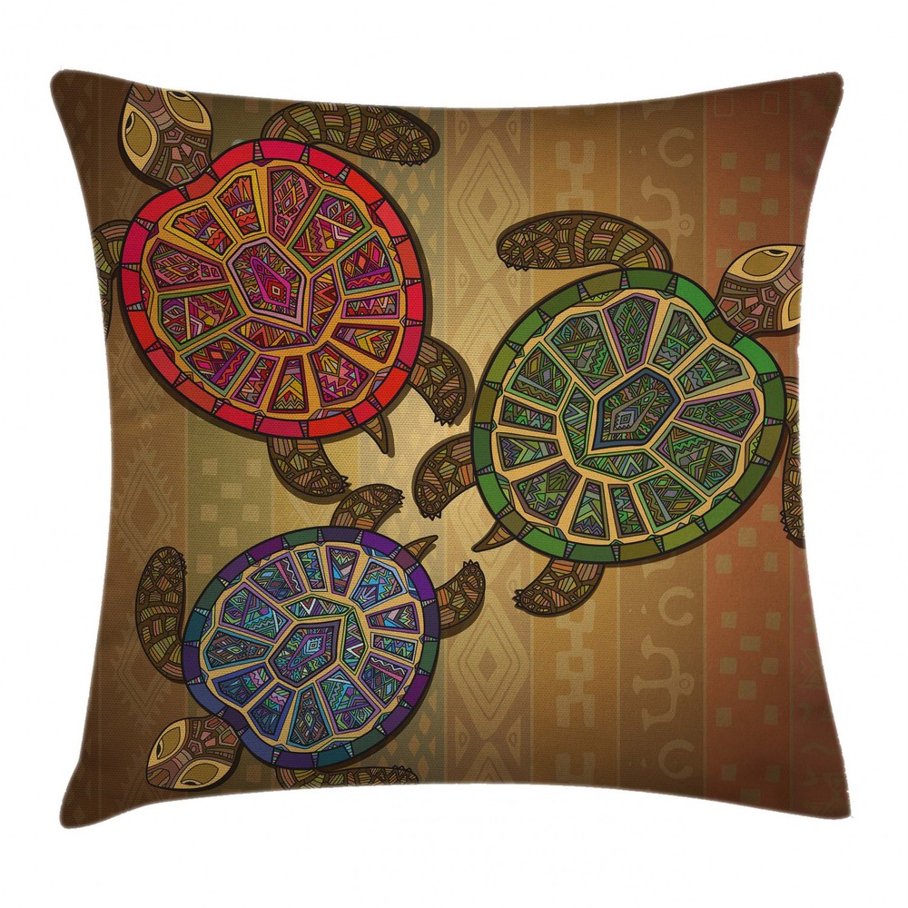 Ethnic Three Turtles Ornamental Square Pillow Cover 16 Inches