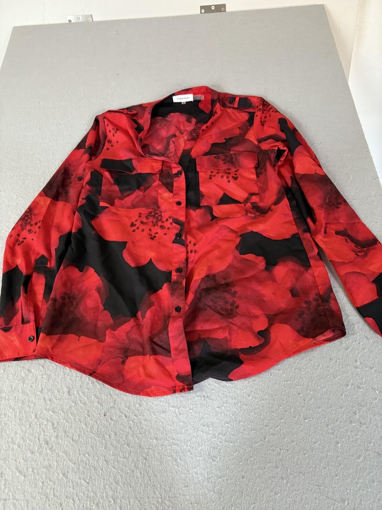 Calvin Klein Shirt Womens Small Red Floral Button Front Long Sleeve Blouse Top