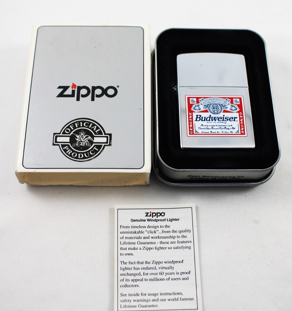 1997 Zippo Pocket Lighter w/ Budweiser Logo in Original Tin - Unused