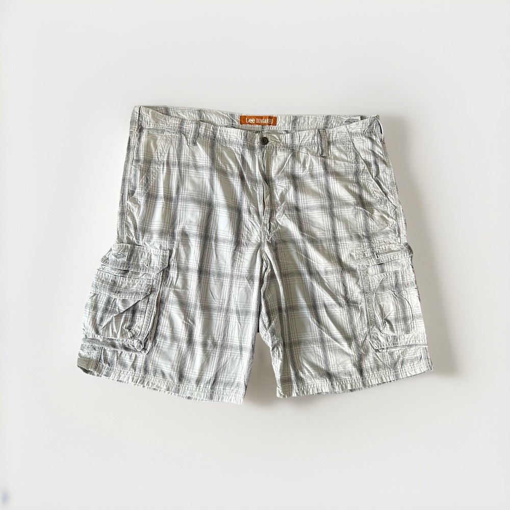 Vintage Lee Checked Cargo Shorts W42 Men's White Grey Y2K Retro Summer