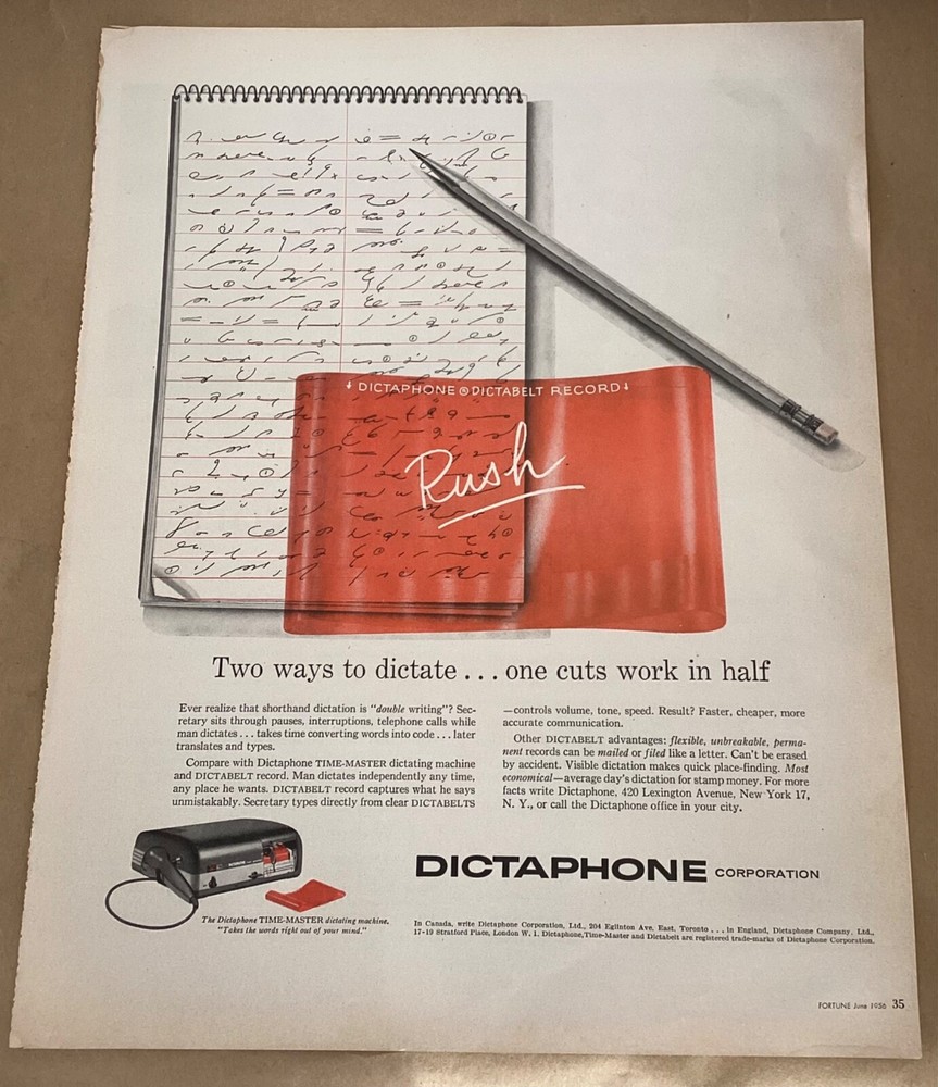 Dictaphone print ad 1956 vintage 1950s art illustration business retro tech