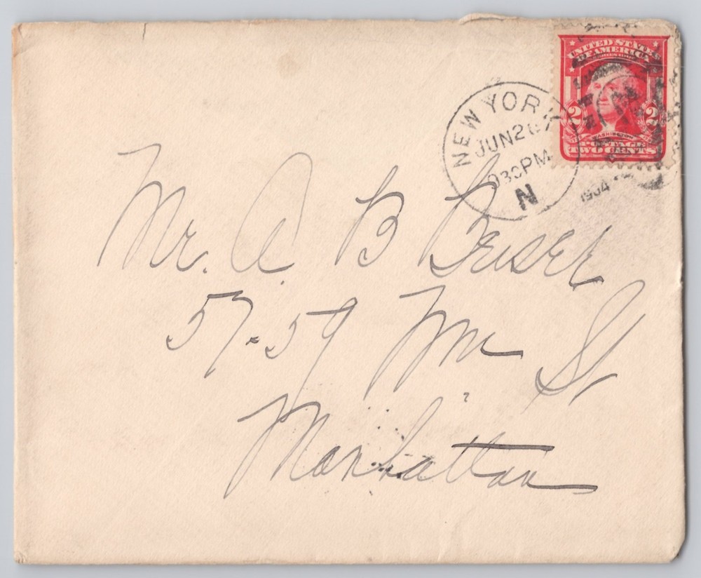 New York, NY, Envelope with 2c Washington Stamp and Jun 21 1904 Cancel 1904