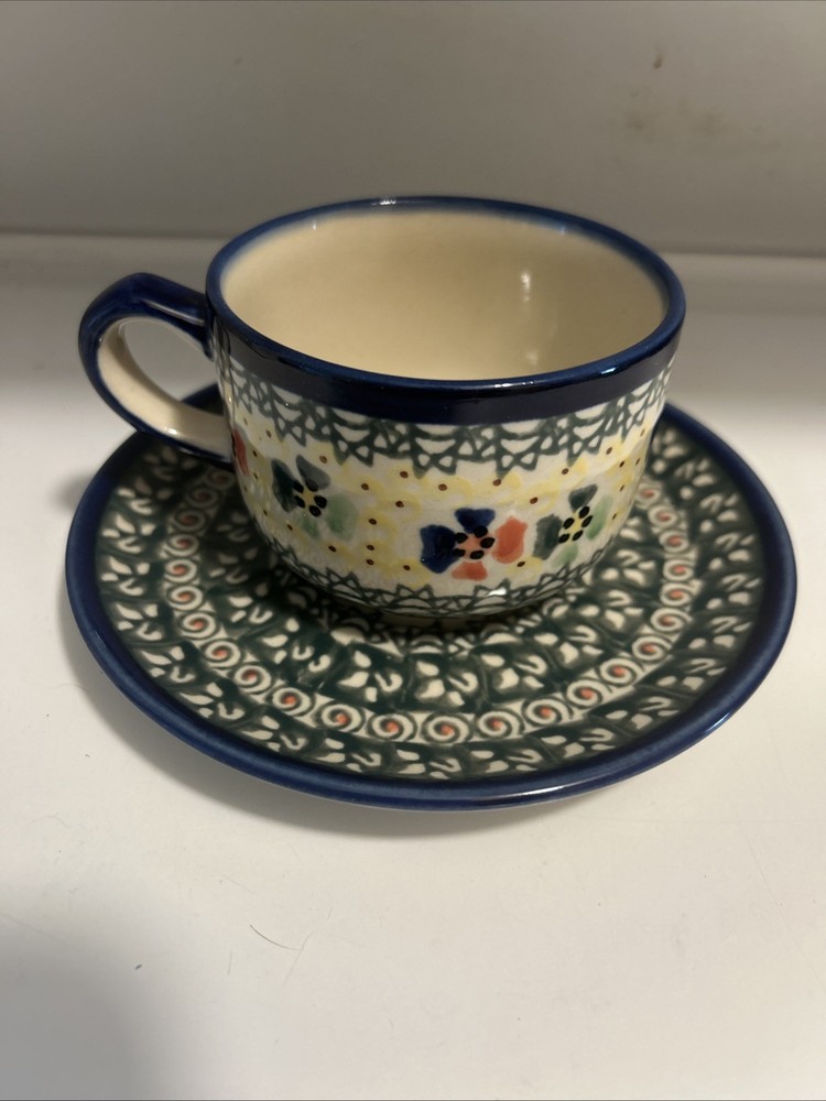 UNIKAT Polish Pottery Cup and Saucer  Blue Floral