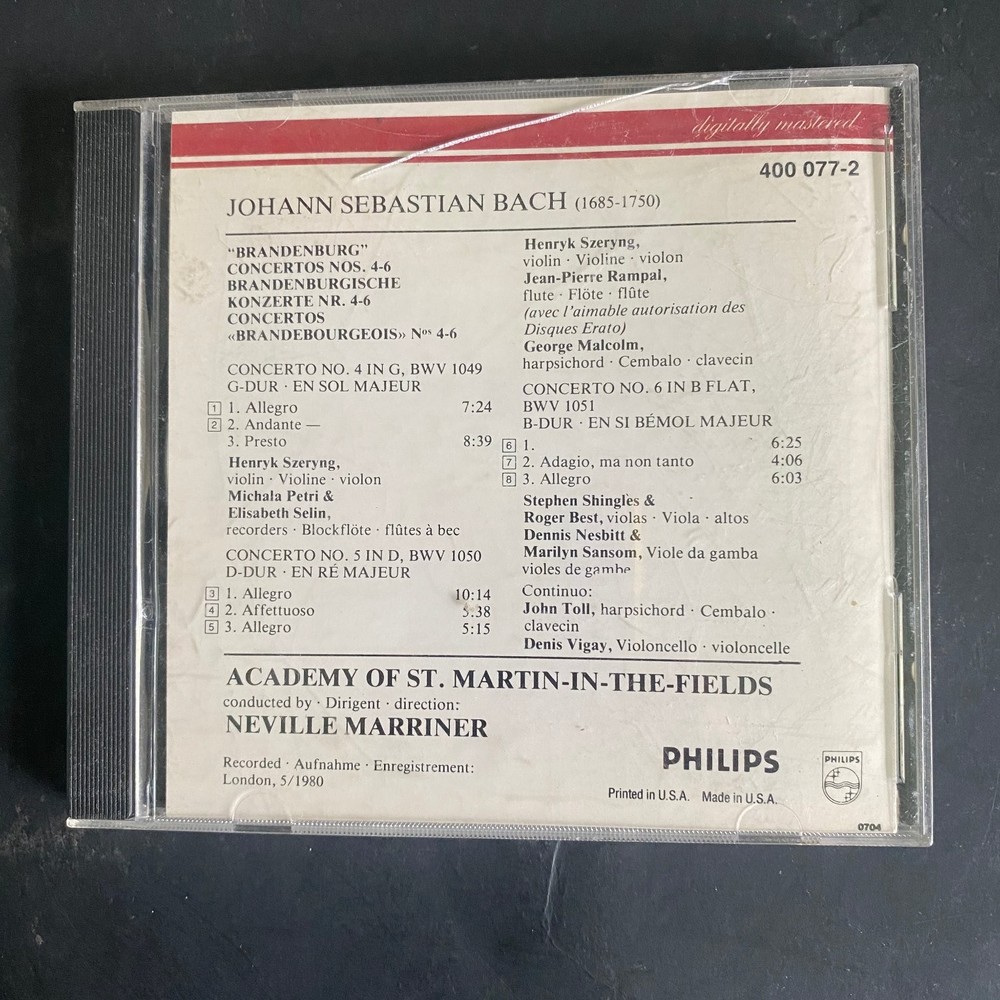Bach Brandenburg Concertos 4-6 CD 1983 Digitally Remastered Philips Classical