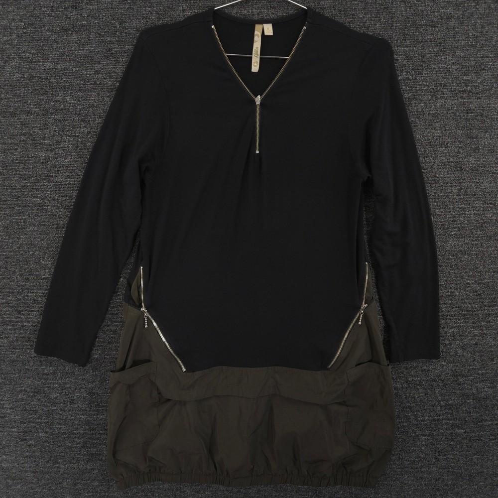 Comfy USA Sara Tunic Dress Womens S Black Green Pockets Zip V Neck Long Sleeve