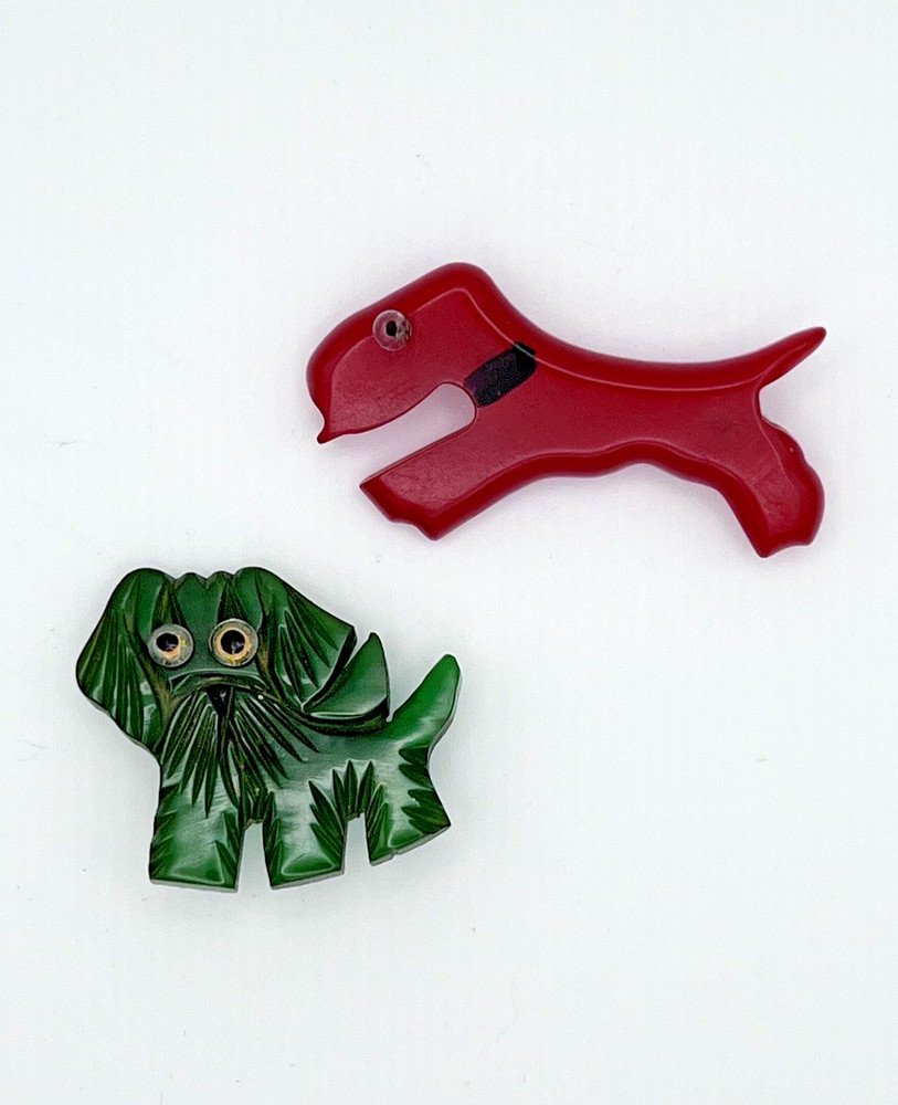 Vintage Pins Googly Eyes Bakelite Dogs, Red Scottie and Lhasa Apso green