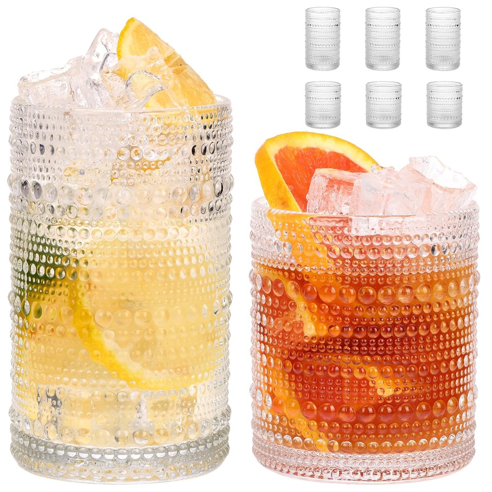 Kitchen Hobnail Drinking Glasses Set of 6, 12 Oz Highball Glasses & 10 Oz Coc...