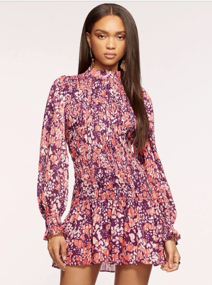 Ramy Brook Smocked Lucia Floral Dress Sz.XL Primal Long Sleeve Cabernet Combo