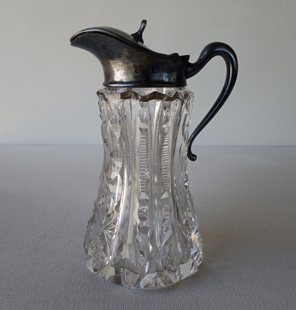 ANTIQUE ABP AMERICAN BRILLIANT PERIOD CUT GLASS SYRUP PITCHER w/ SILVERPLATE LID