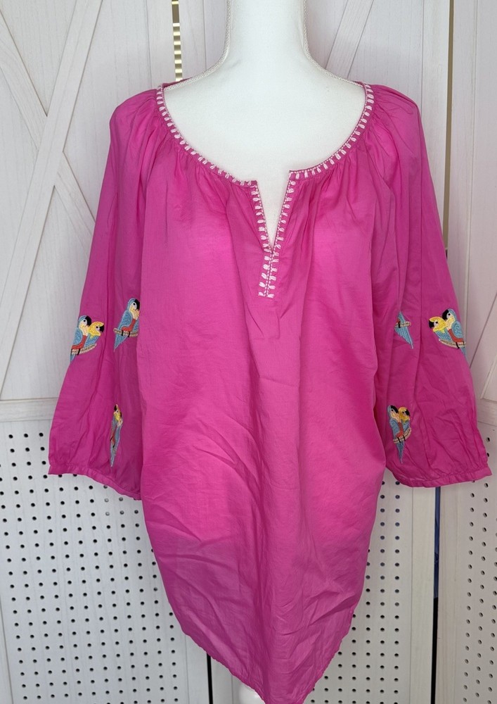 Talbots Plus 3X Fuchsia Embroidered Parrot Top Summer Resort Wear Peasant Blouse