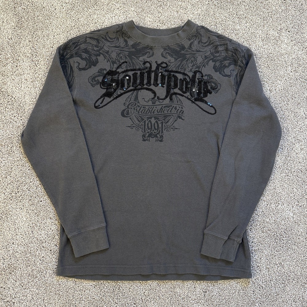 Vintage Y2K SouthPole Long Sleeve Shirt Mens M Gray Thermal Waffle Knit