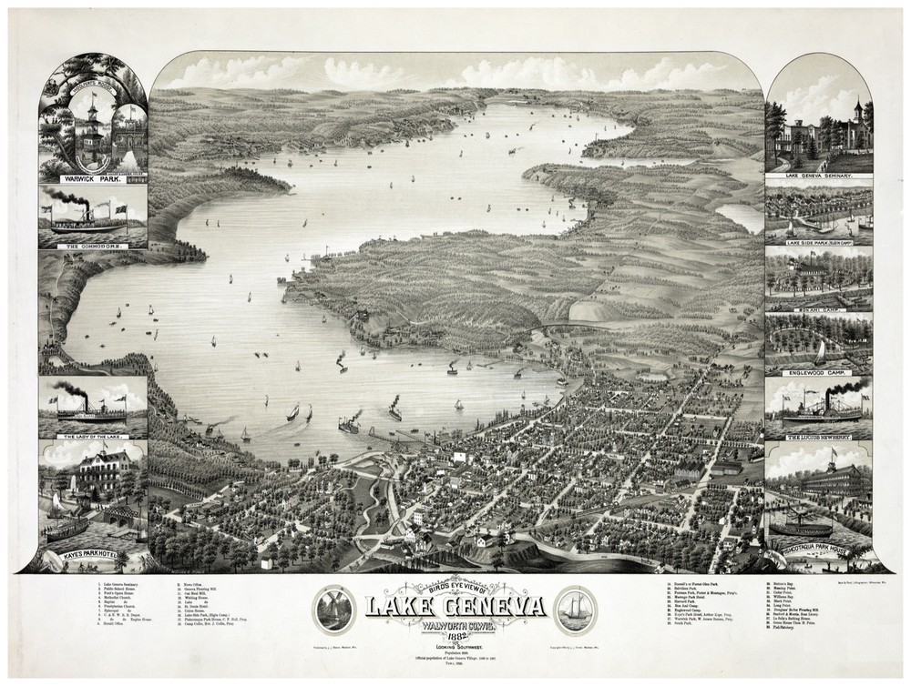 Decor Poster. Fine Graphic Art. Lake Geneva Bird's eye view. Wall Design. 1107